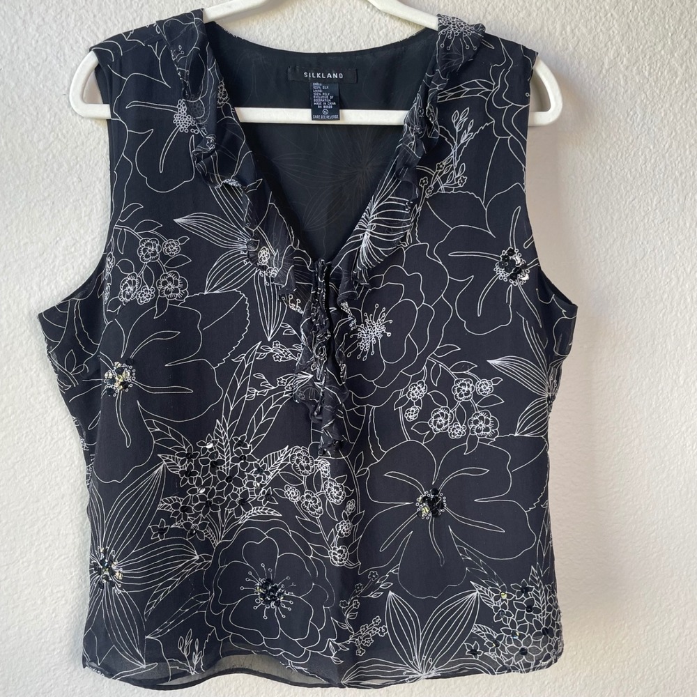 SilkLand Vintage Silk Sleeveless V-Neck Ruffle Flowy Floral Sequin Tank Top XL